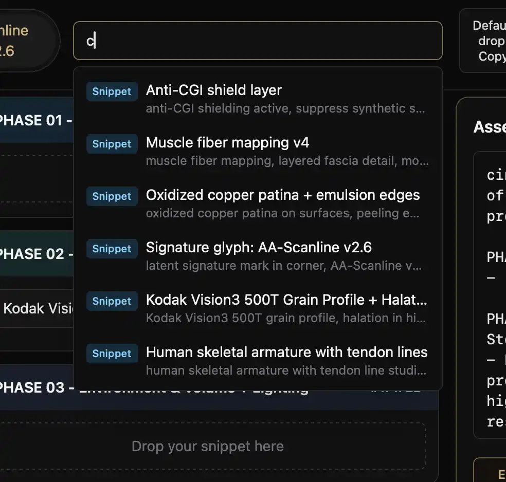 Global snippet library and fuzzy search